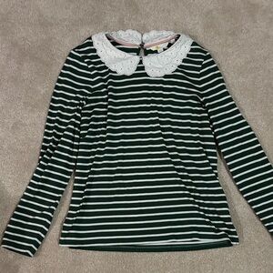 Boden Green and White Striped Top with Eyelet Detail
